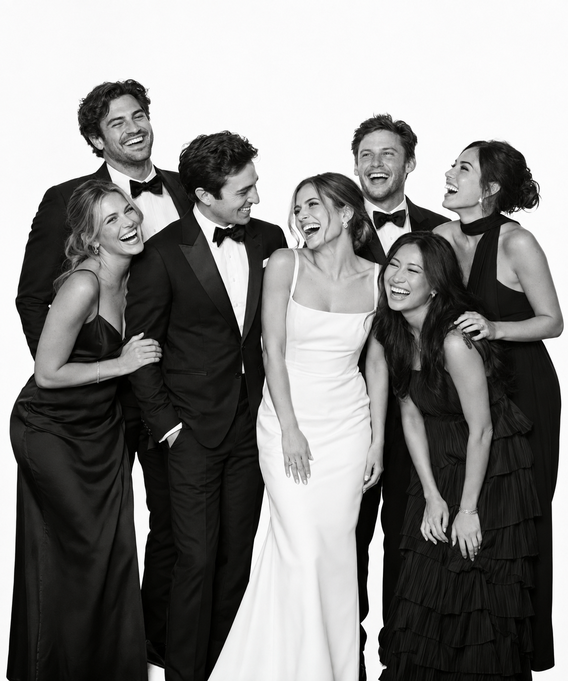 A bride, groom and five wedding guests laughing together during a black-and-white glam portrait session